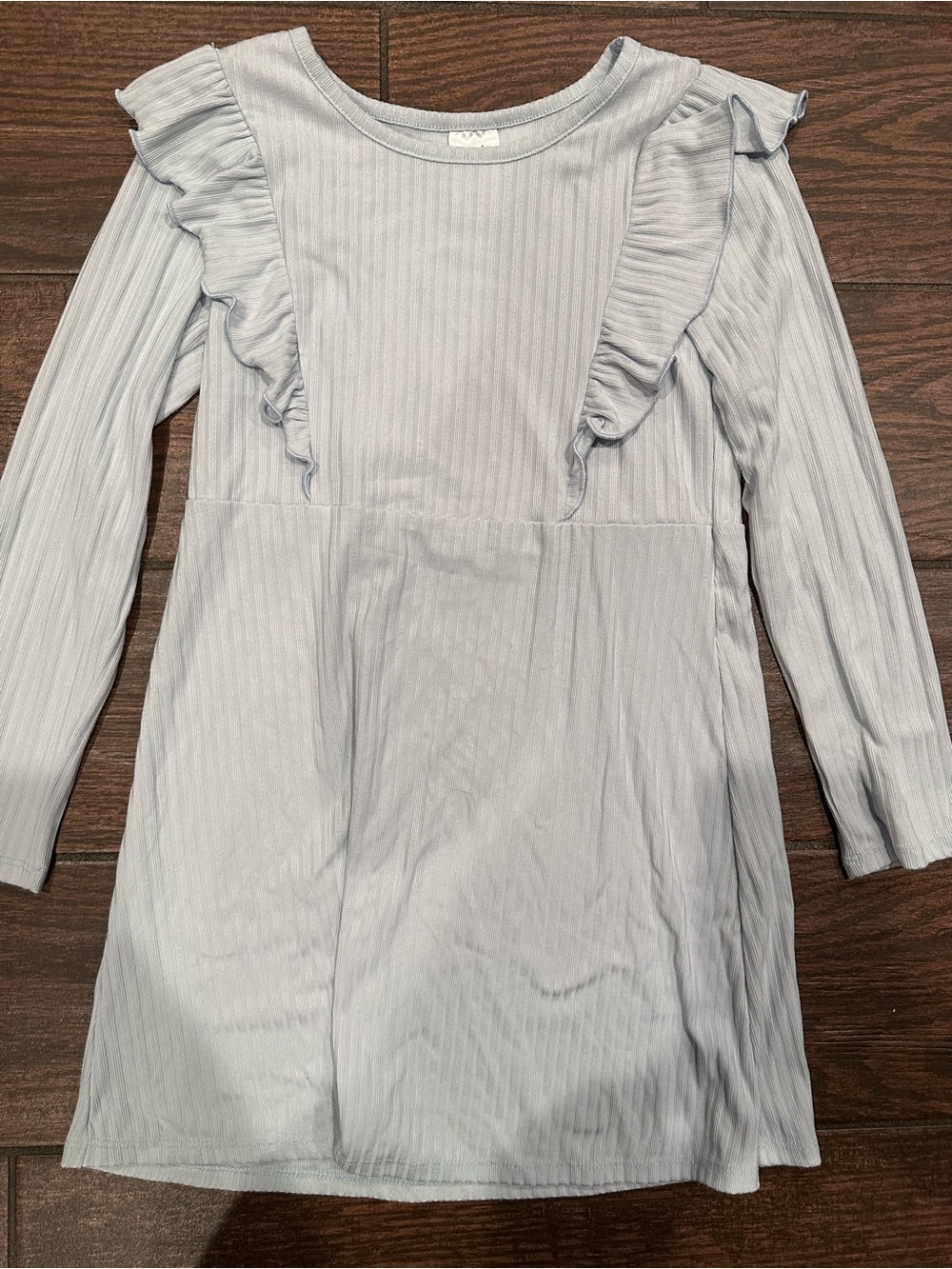 Girls' Pale Blue Ruffle-Trim Long Sleeve Dress